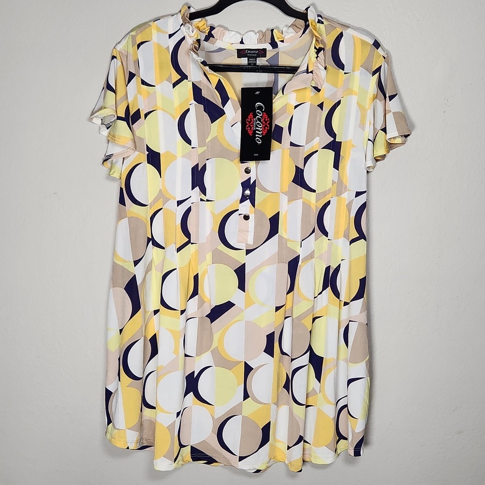 Cocomo Womens 1X Yellow Navy Beige Geometric Abstract Blouse Pintuck Pleated NEW - Picture 1 of 7
